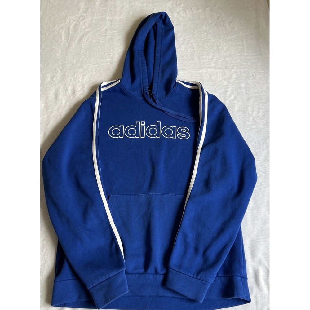 Adidas Pullover Hoodie Mens Large Blue Linear Logo 3-Stripe Fleece Sweatshirt